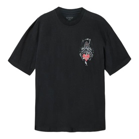 All Saints Washed Black oversized T-shirt with floral reaper graphic print on chest, short sleeves, crew neck