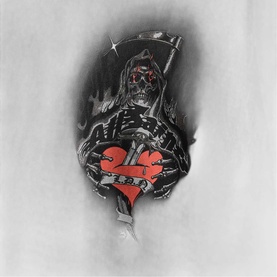 All Saints Washed Black graphic print featuring grim reaper holding a red broken heart, monochrome design with red detail accents