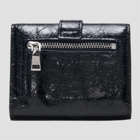 Maje small black crinkled patent leather wallet with silver zip and press-stud fastening, back view