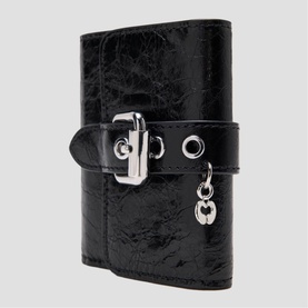 Maje small black patent leather wallet with silver buckle strap, eyelet detail and chain charm accent
