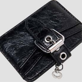 Maje black crinkled leather card holder with silver buckle detail and keyring attachment