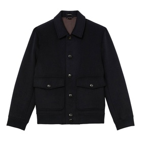 Reiss blue wool-blend bomber jacket with spread collar, button front, and twin chest flap pockets
