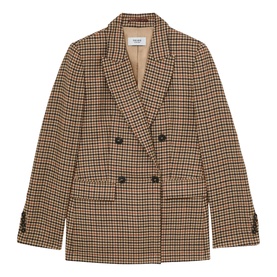 Reiss double-breasted blazer in neutral check, houndstooth pattern, dark buttons, long sleeves with button cuffs