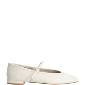 Dune Hearthrob Suede Mary Jane Ballet Flats in beige with square toe, low heel, and gold-tone buckle strap fastening