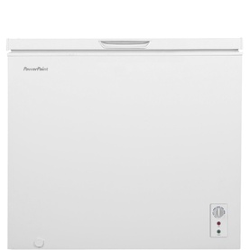 Powerpoint Chest Freezer 291L in white, front-facing view with lid handle and temperature control dial visible