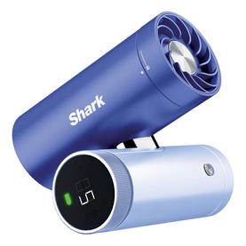 Shark ChillPill 3-in-1 Fan Mist and InstaChill System in blue and silver, compact cylindrical design with fan nozzle and power indicator light