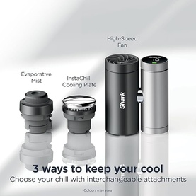 Shark ChillPill 3-in-1 Fan Mist and InstaChill System showing three interchangeable attachments: evaporative mist, InstaChill cooling plate, and