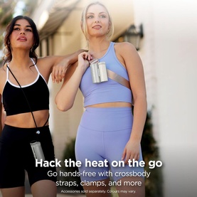 Two models outdoors in activewear using the Shark ChillPill 3-in-1 Fan Mist and InstaChill System Glacier hands-free with crossbody straps