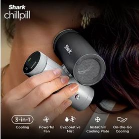 Shark ChillPill 3-in-1 Fan Mist and InstaChill System in grey, held against neck, showing cooling plate and mist vents