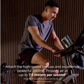 Shark ChillPill 3-in-1 Fan Mist and InstaChill System in use on exercise bike, with text highlighting high-speed fan cooling up to 7.5m per second.
