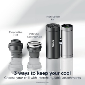 Shark ChillPill 3-in-1 Fan Mist and InstaChill System showing three interchangeable attachments: Evaporative Mist, InstaChill Cooling Plate, and