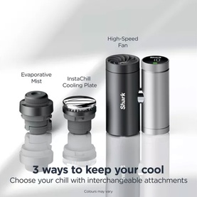 Shark personal cooling device in dark grey showing 3 interchangeable attachments: Evaporative Mist, InstaChill Cooling Plate, and High-Speed Fan