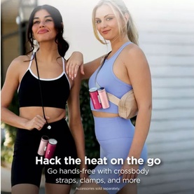 Two models in activewear wearing crossbody straps holding pink water bottles, styled for on-the-go hydration