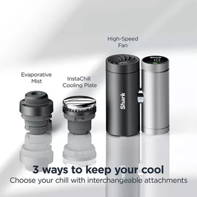 Shark portable cooling device in dark grey with three interchangeable attachments: Evaporative Mist, InstaChill Cooling Plate, and High-Speed Fan