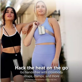 Two models in activewear wearing crossbody straps and clamps to carry devices hands-free, styled for on-the-go use