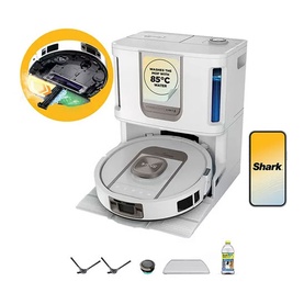 Shark robot vacuum with docking station in white, shown with accessories and app. Washes floors at 85&deg;C. Includes cleaning tools.