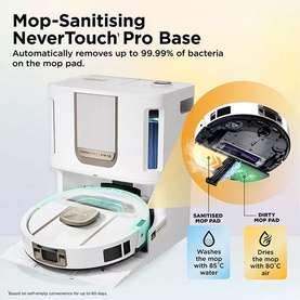 Mop-sanitising NeverTouch Pro Base in white, automatically removing bacteria from mop pad, with cutaway detail showing internal cleaning mechanism