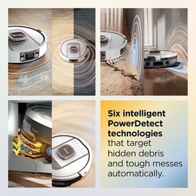 Shark robot vacuum shown in multi-panel lifestyle shot, cleaning hard floors and carpets with PowerDetect technology highlighted