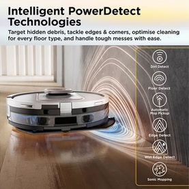 Robotic vacuum and mop on hardwood floor, highlighting PowerDetect sensors for debris, edges, corners, and floor type detection