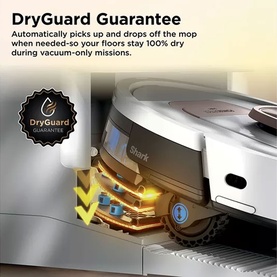 Shark robot vacuum with DryGuard feature highlighted, showing mop mechanism automatically lifting during vacuum-only mode