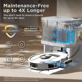 Robotic vacuum cleaner with self-empty dock, self-refill, self-dry and self-clean functions, anti-allergen and anti-odour technology, white finish