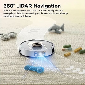 Robot vacuum cleaner with 360&deg; LiDAR navigation sensor, shown detecting objects on a light carpet in a home setting.