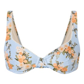 Agua Bendita Hacienda Valle Bikini Top in multicolour floral print with sweetheart neckline, wide straps, underwire, and intricate trim detail.