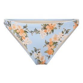 Agua Bendita Promesa Valle Bikini Bottoms in light blue floral print with peach and white blooms, low-rise cut and lace trim detail.