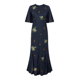 Agua Bendita Ave Anhelo Dress in multicolour, navy maxi with floral embroidery, flutter sleeves, fitted waist and flared hem