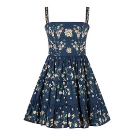 Agua Bendita Lima Promesa Mini Dress in multicolour floral print, square neckline, adjustable straps, tiered A-line skirt, mini length