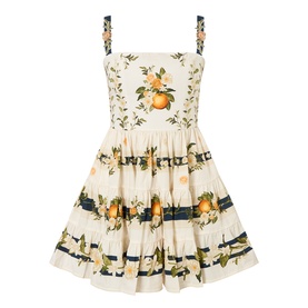Agua Bendita Lima Valle Mini Dress in multicolour cotton with orange blossom print, square neckline, appliqu&eacute; straps and tiered A-line skirt