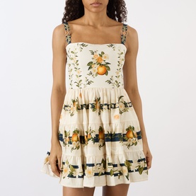 Model wearing Agua Bendita Lima Valle Mini Dress in multicolour citrus print, square neckline, appliqu&eacute; straps, tiered A-line silhouette, mini length.
