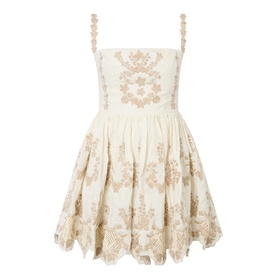 Agua Bendita Mielero Cauca Mini Dress in cream with gold floral embroidery, square neckline, wide straps, fitted waist and flared skirt