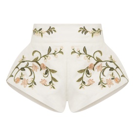 Agua Bendita multicolour linen shorts in white with pink and green floral embroidery, high waist, flared hem detail