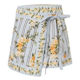 Agua Bendita Luna Valle Mini Skirt in multicolour floral stripe print with tie waist, wrap-style silhouette and scalloped hem detailing.