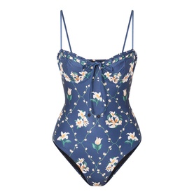 Agua Bendita multicolour floral one-piece swimsuit with ruched bust, tie front detail, and thin adjustable straps