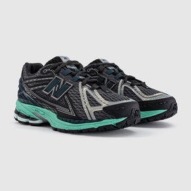 New Balance 1906R trainers in Black Metallic Deep End, grey mesh upper with mint green accents and chunky ridged sole