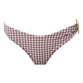 Away That Day Cabo Verde Gingham Bikini Bottoms in espresso and ivory gingham, low-rise with gold-tone hardware ring detail.