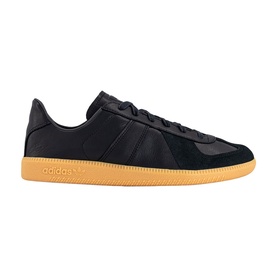 Adidas trainer in core black leather upper with contrast gum rubber sole and three-stripe detail, lace-up fastening