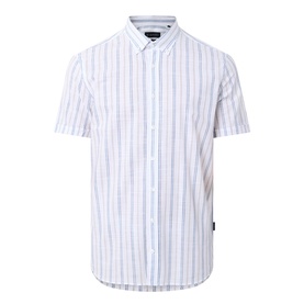 Bugatti Stripe Slub Shirt in blue beige, short-sleeved cotton shirt with button-down collar, stripe pattern and curved hemline