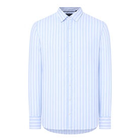 Bugatti Soft Oxford Shirt in blue wide stripe, button-down collar, long sleeves, curved hem, front button fastening, 100% cotton