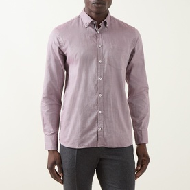 Model wearing Bugatti Soft Oxford Shirt in Blackberry, featuring button-down collar, long sleeves, and front button fastening, styled with grey