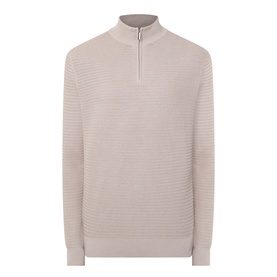 Bugatti beige cotton half-zip knit jumper with ribbed texture and funnel neck, silver zip detail