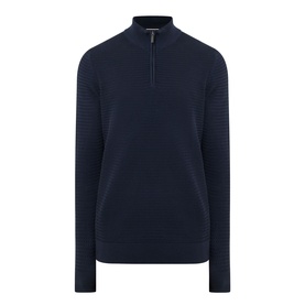 Bugatti navy cotton half zip jumper with ribbed texture and short zip collar