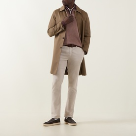 Model wearing Bugatti Blackberry Textured Half-Zip Sweater, styled with a camel overcoat, light grey trousers and dark loafers.