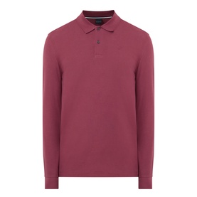Bugatti blackberry long-sleeve cotton polo shirt with two-button placket and classic collar, ghost mannequin shot