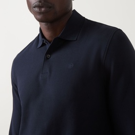 Model wearing Bugatti Logo Polo Shirt in navy, featuring long sleeves, two-button placket and embroidered logo detail.