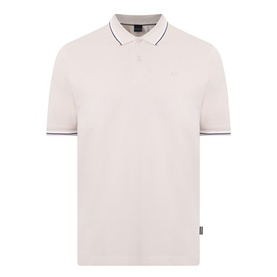 Bugatti beige cotton polo shirt with navy tipped collar and cuffs, short sleeves, and small chest logo
