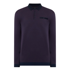 Bugatti blackberry long-sleeve polo sweat with contrast navy collar, button placket, and chest zip pocket detail