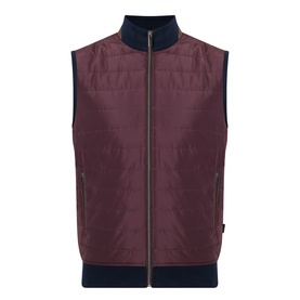 Bugatti blackberry quilted gilet with navy ribbed collar, hem and cuffs, zip fastening and side zip pockets
